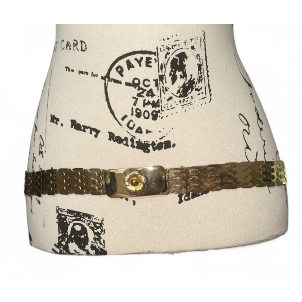 Gold Tone Metal Mesh Belt Flower Buckle Adjustable Waist‎ Dress Accessory